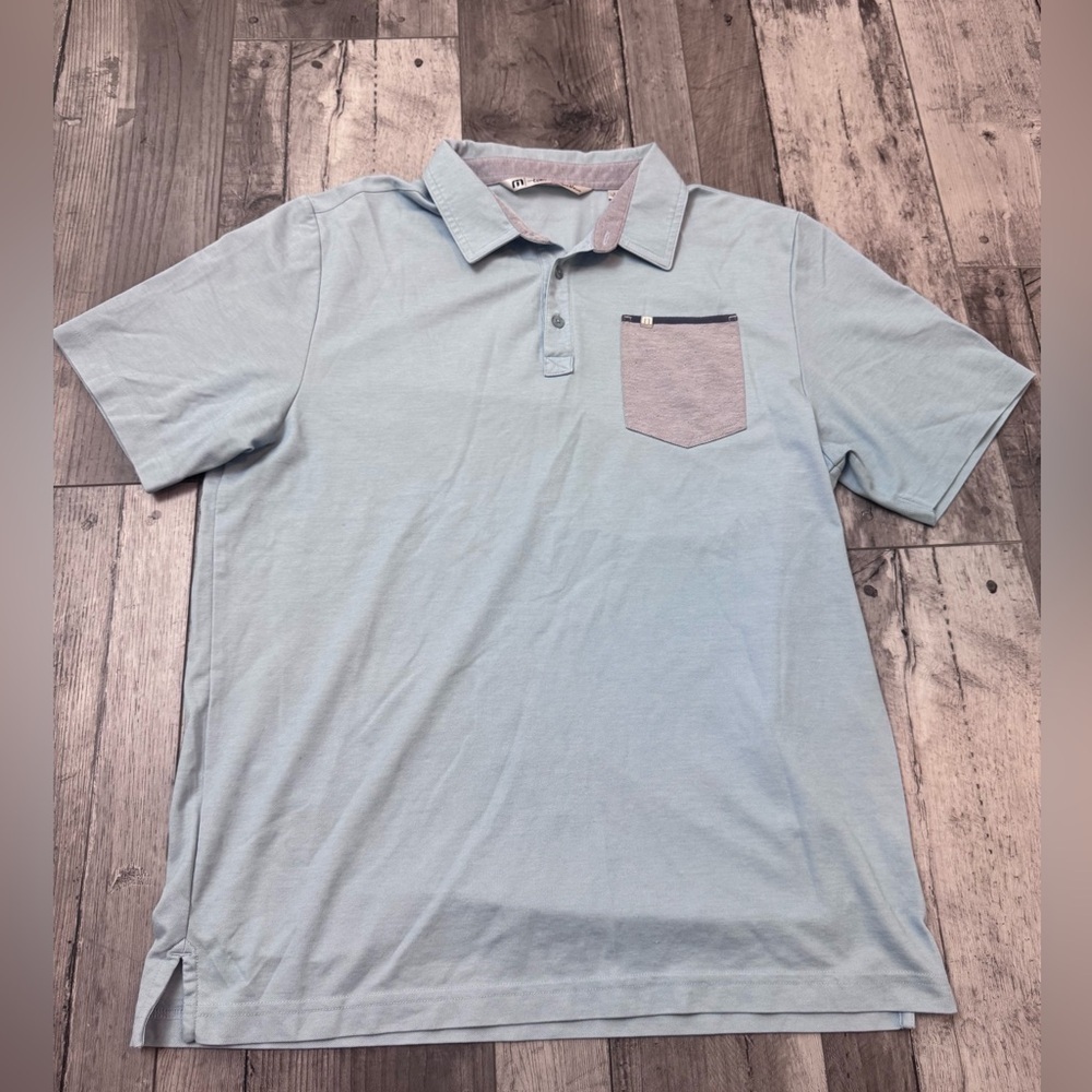 Travis Mathew Golf Light Blue Polo Shirt Mens Large Pocket Performance